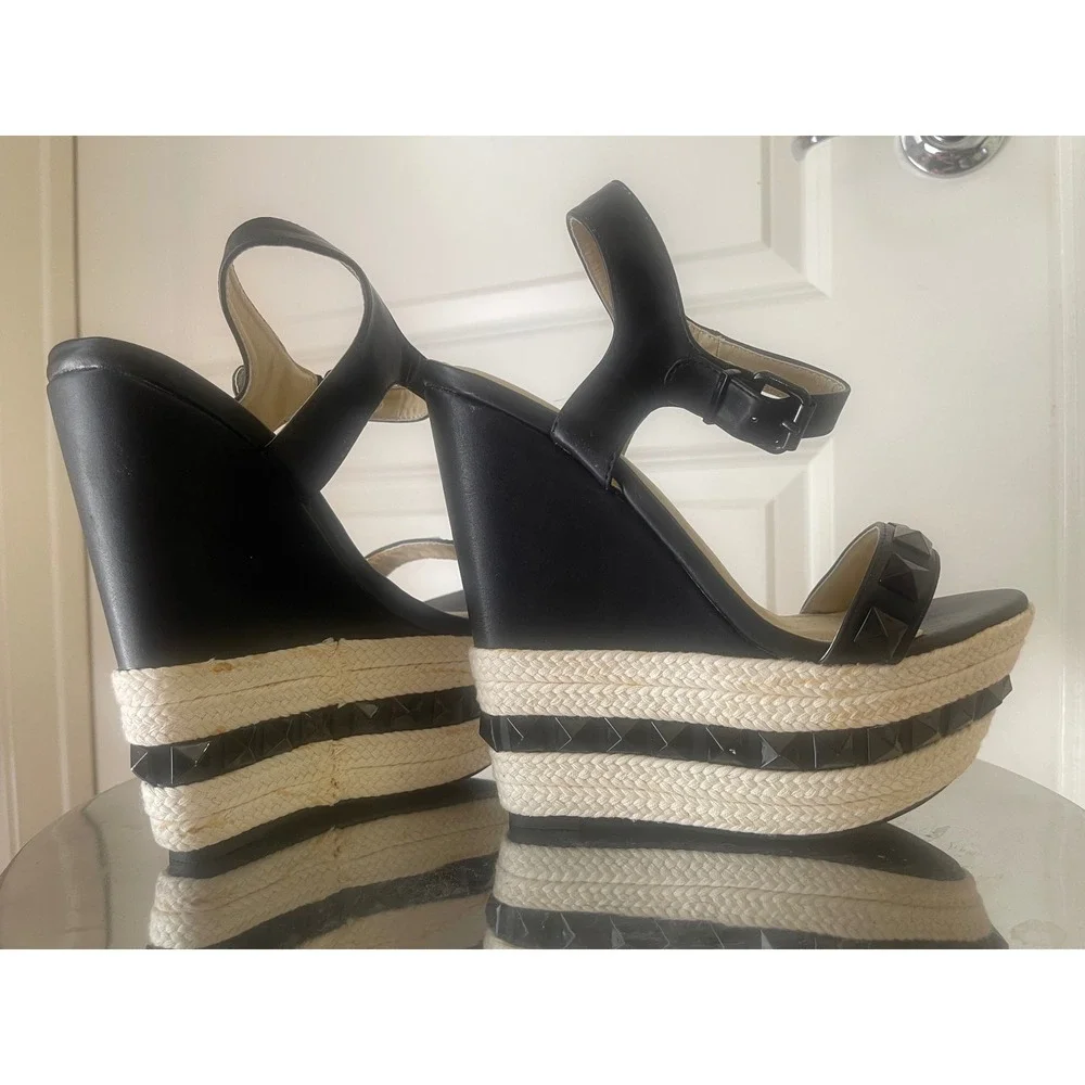 Shoe Republic LA Black Rockstud Espadrille Platform Wedge Sandals 6.5